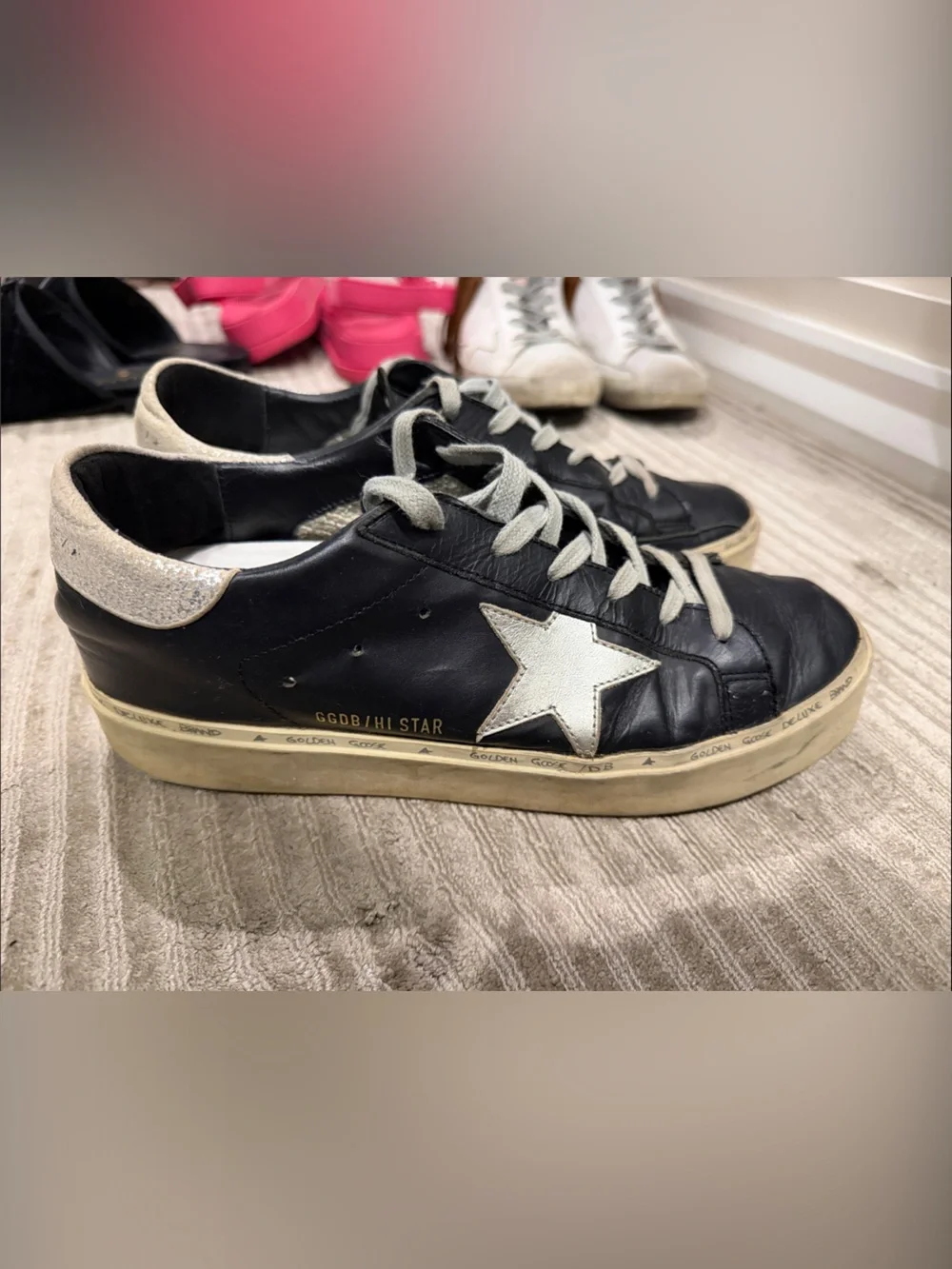 Golden Goose Women’s Hi Star Low Top Black Leather with Metallic Silver Star