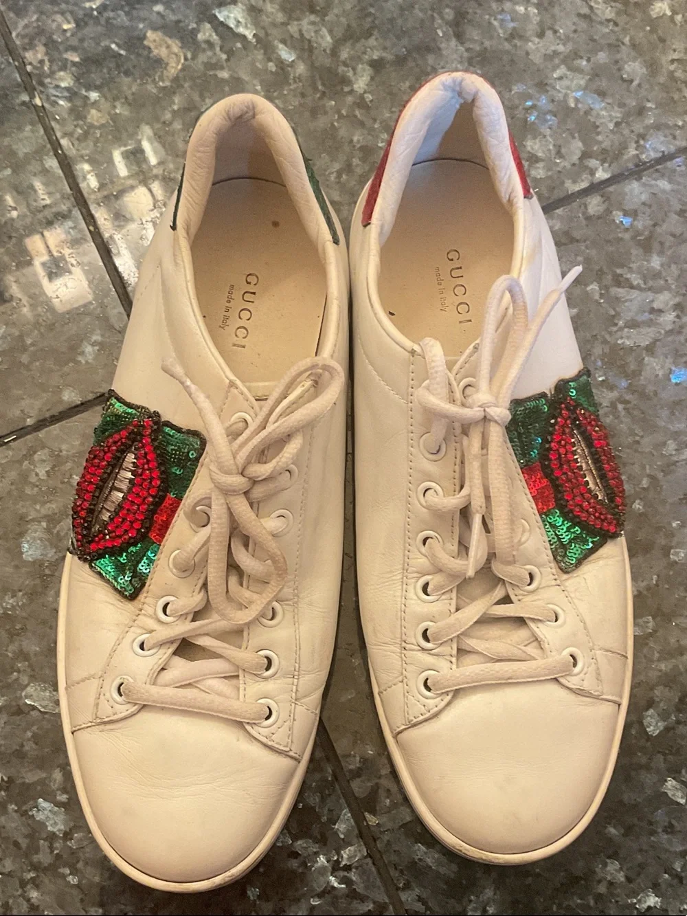 Gucci White Leather Sneakers with Red & Green Sequin Patch