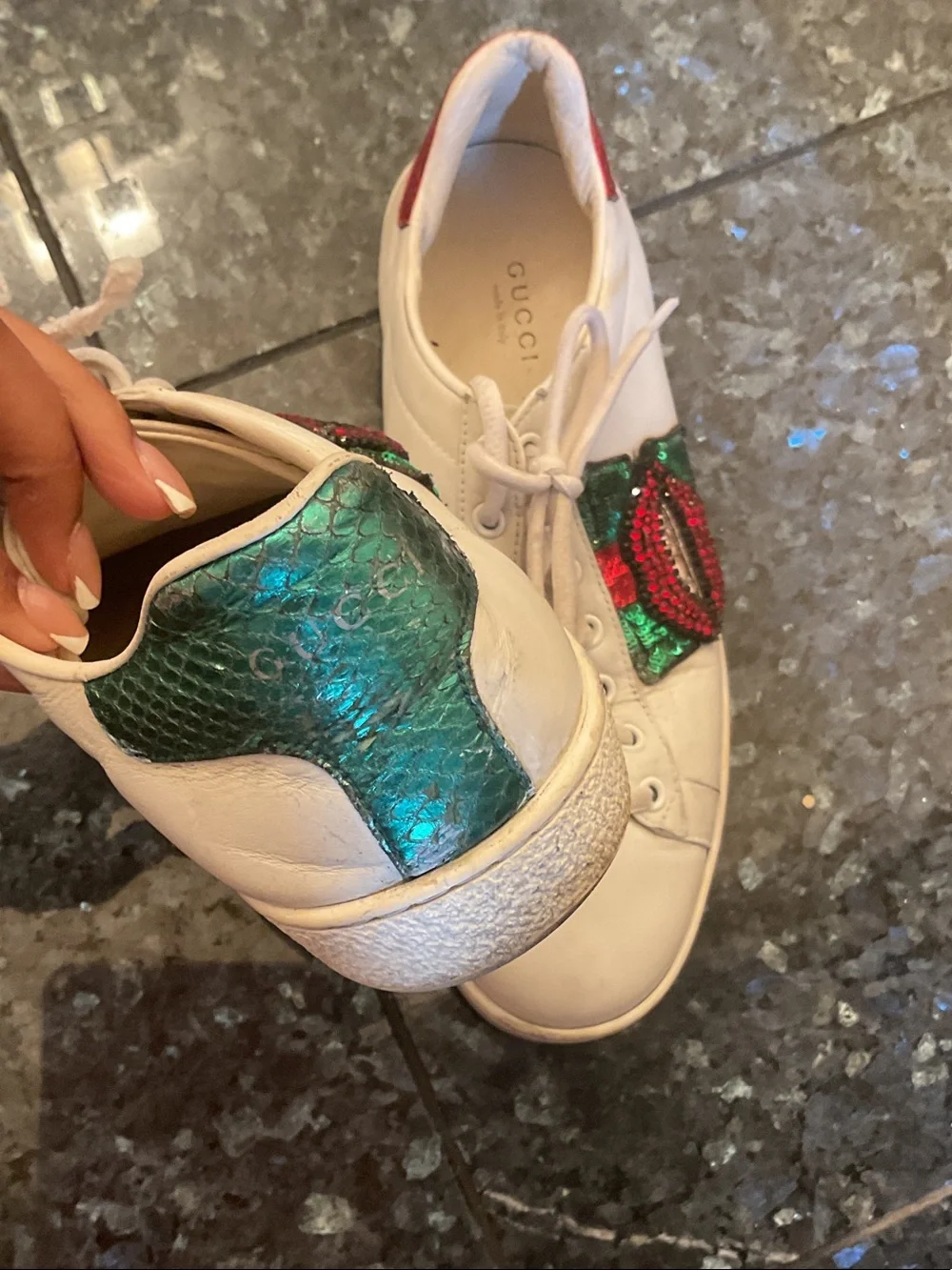 Gucci White Leather Sneakers with Red & Green Sequin Patch