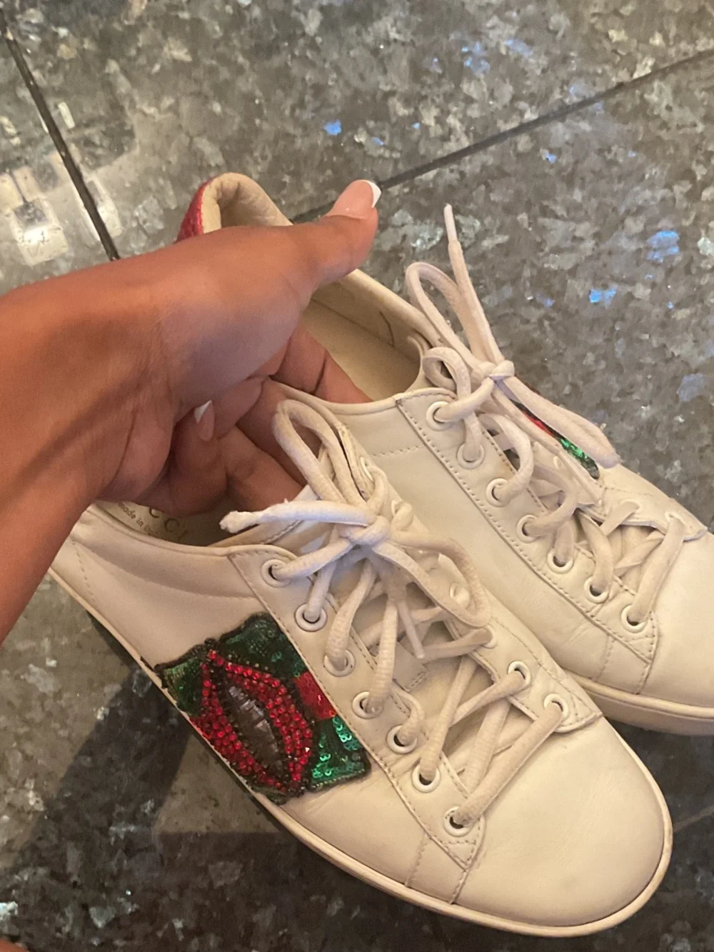 Gucci White Leather Sneakers with Red & Green Sequin Patch