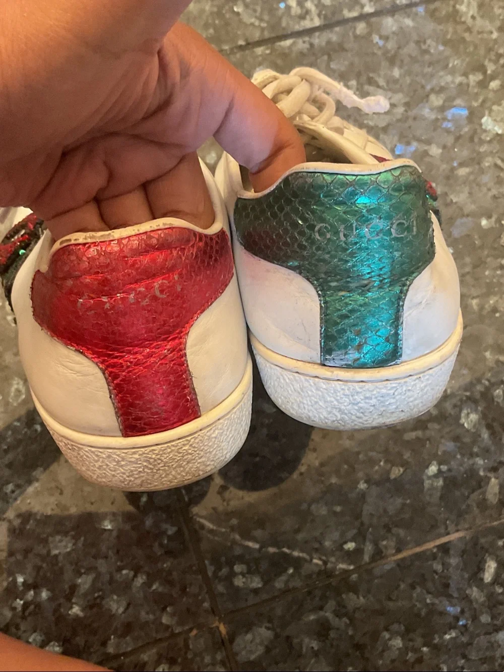 Gucci White Leather Sneakers with Red & Green Sequin Patch