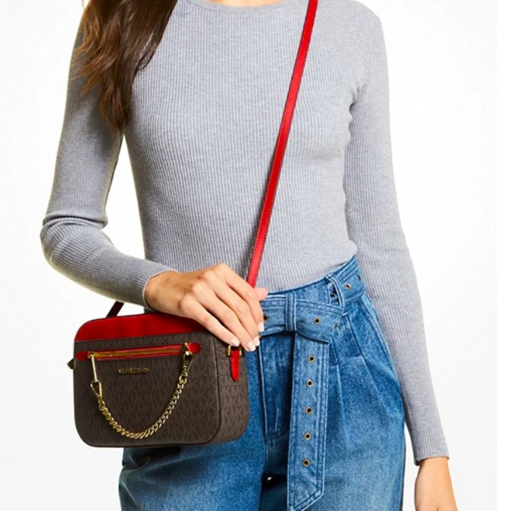 NWT Michael Kors Red/ Brown Jet Set Large Logo Crossbody Bag