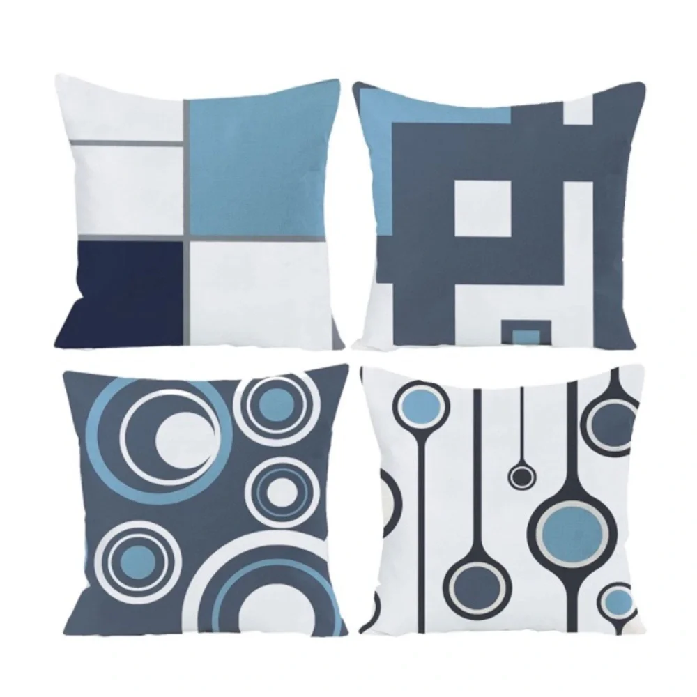 Luxury Home | Set of 4 Two Tone Blue & White Geo Pattern Throw Pillow Covers