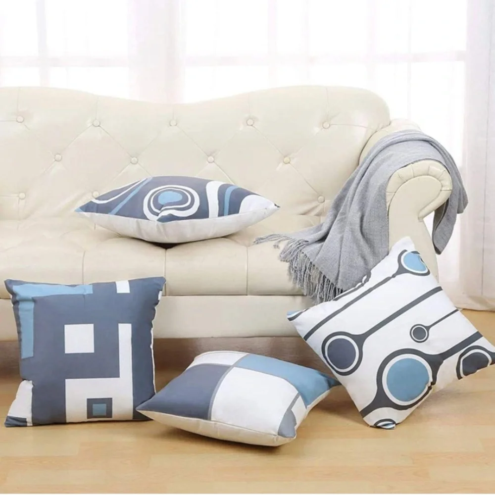 Luxury Home | Set of 4 Two Tone Blue & White Geo Pattern Throw Pillow Covers