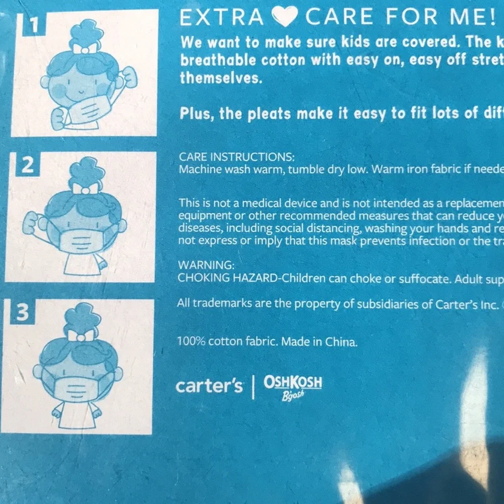 12 New Carter’s Kiddo Face Masks for Kids 2-14 y/o. 4 packs with 3 mask/pack.