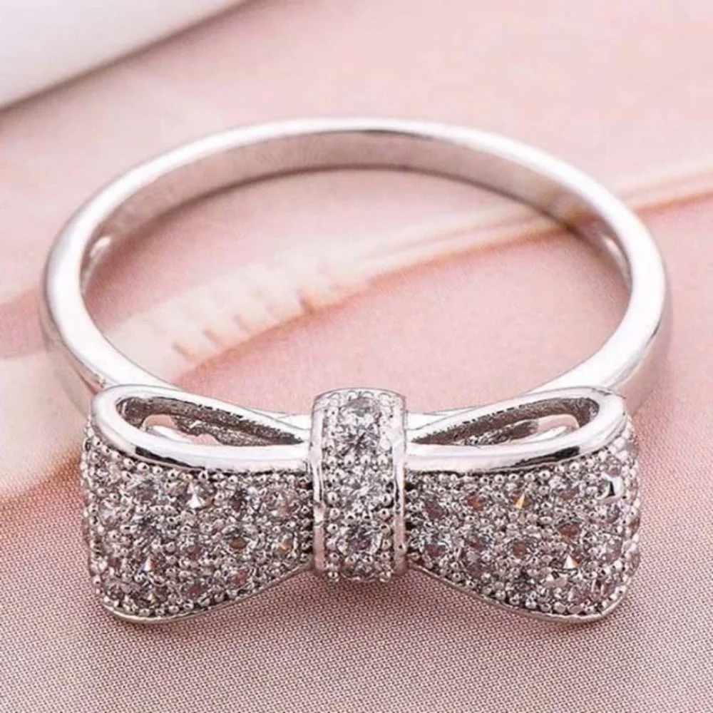 NEW 925 Sterling Silver Diamond Milgrain Bow Ring