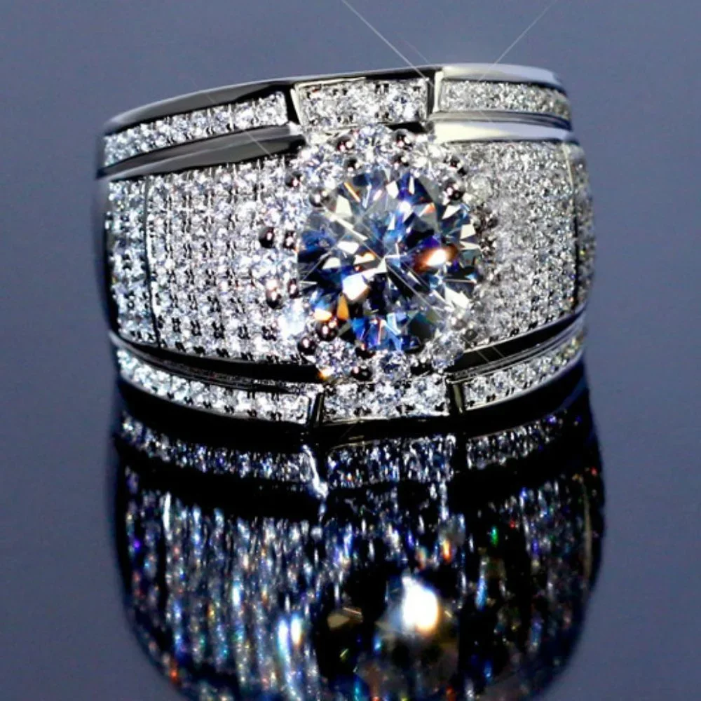 NEW Silver Round Halo Diamond Wide Wedding Band Ring