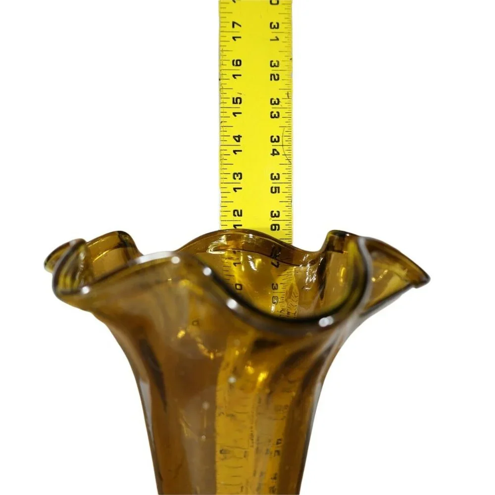 Scalloped Bubble Glass Amber Flower Vase Trumpet Beaded Stem 12