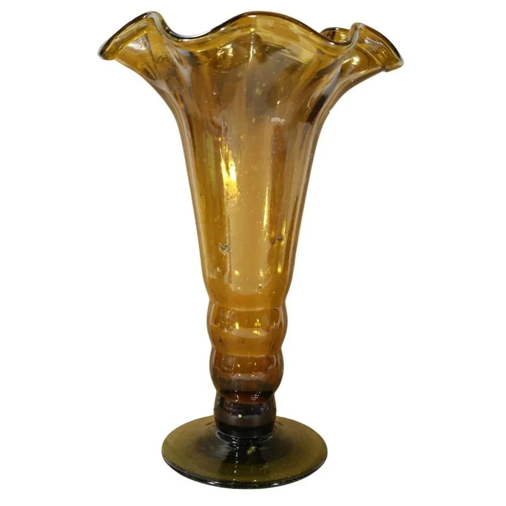 Scalloped Bubble Glass Amber Flower Vase Trumpet Beaded Stem 12