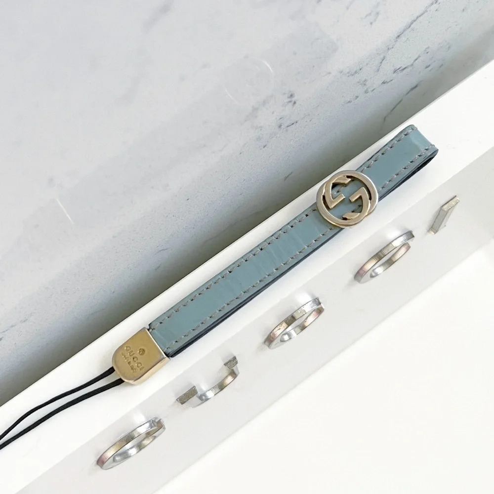 Authentic Gucci Tiffany Blue Patent Leather GG Logo Lanyard / Keychain