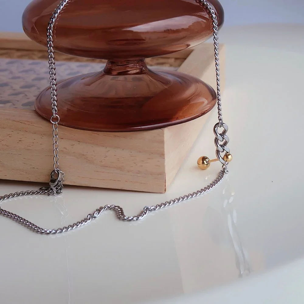 NEW Two Tone 18K Gold Plated Link Chain Gold Ball Bar Necklace