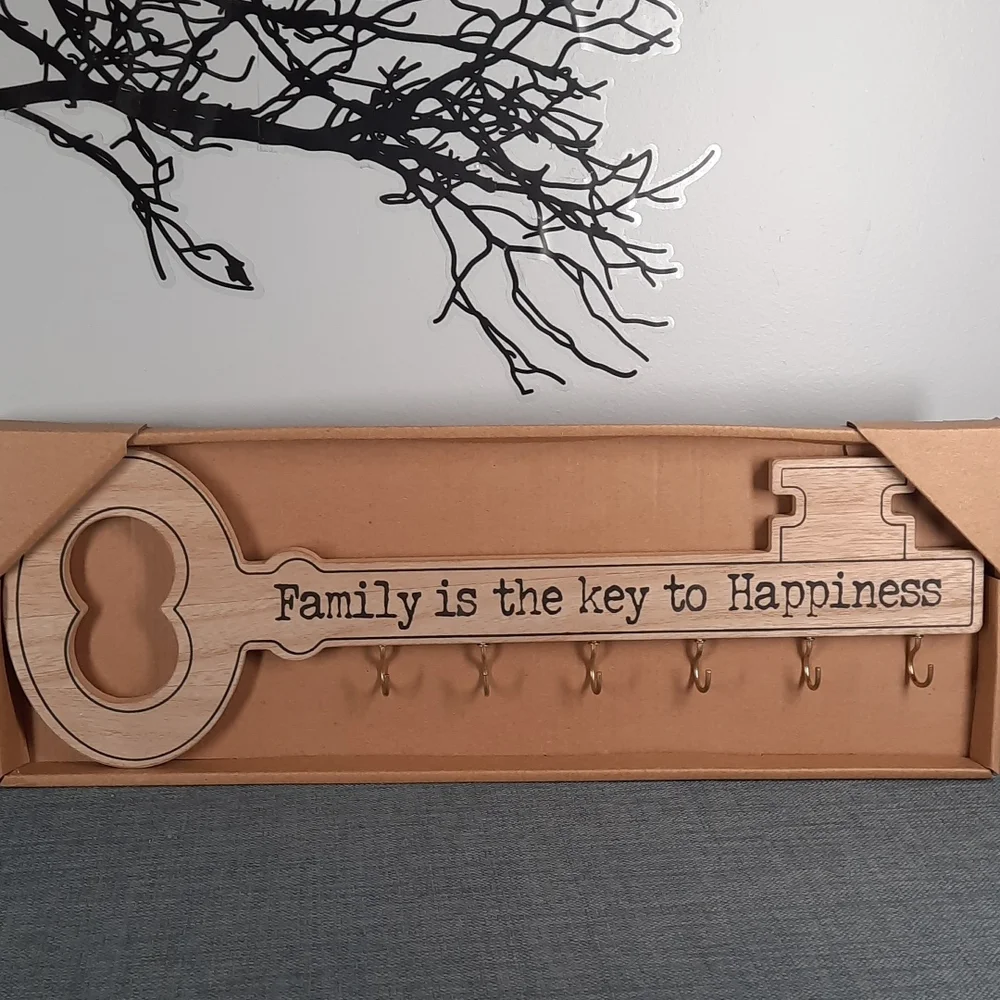 Wall Plaque Key Shaped Keys Organizer Rack Hook Wood Metal Family Happiness