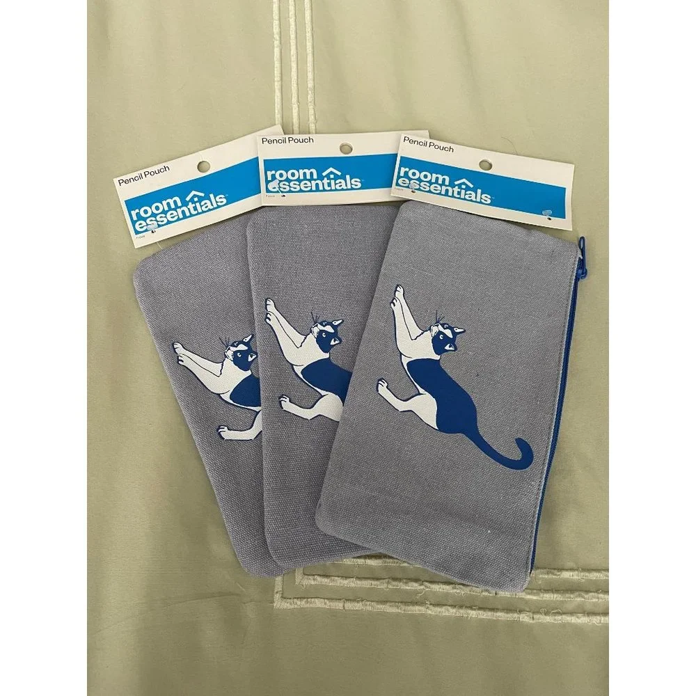 Room Essentials Blue Kitty Cat Canvas Pencil Bag Set - Set of 3