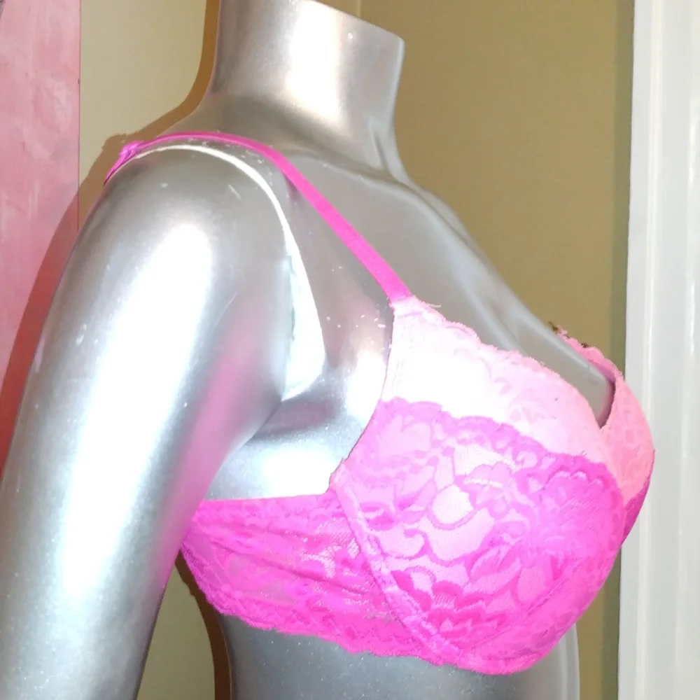 Xoxo 36C light pink dark bra lace intimates lingerie padded cupped rhinestones