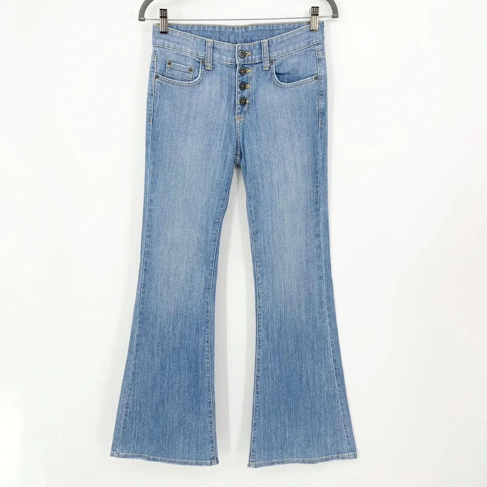 Carmar Farah Flare Jeans Size 27 Medium Wash Mid Rise Button Fly Stretch Blue