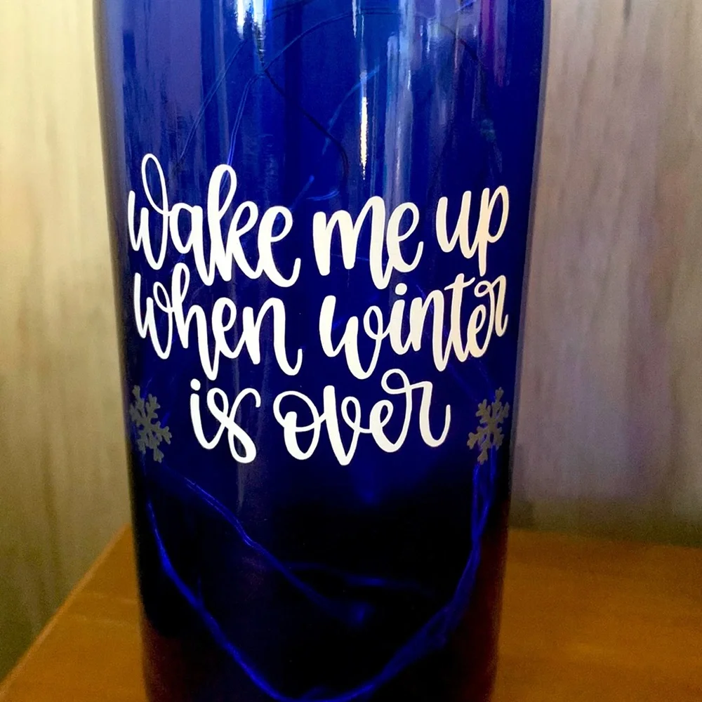 ‘Wake Me When Winter Is Over’ blue wine bottle lantern