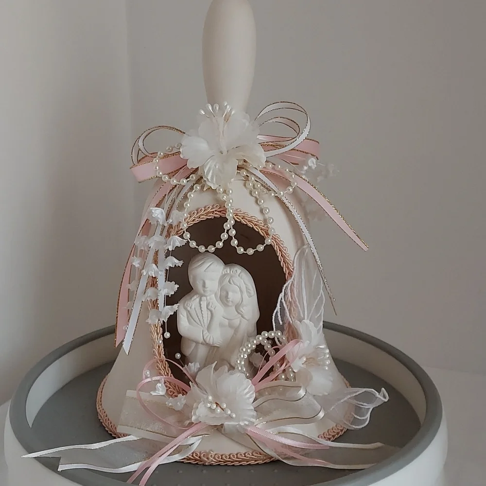 Wedding Cake Topper Lg Ceramic Bell shape w Bride & Groom Pink/White