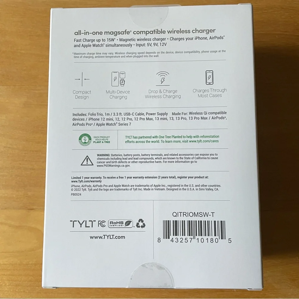 TYLT Folio Trio 15W MagSafe 3-in-1 Wireless Charger iPhone, Apple Watch, Airpod
