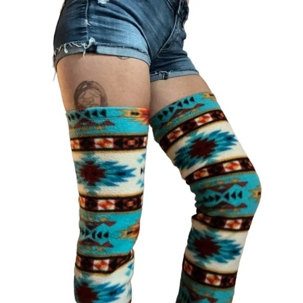 Tribal Aztec Fleece Thigh High Leg Warmers And Panty Set Warm Festival Clubwear