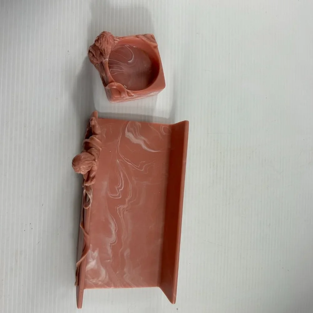 Vintage Hard Resin Rose Pink Cherub Angel Bathroom Set Towel Holder Soap Holder