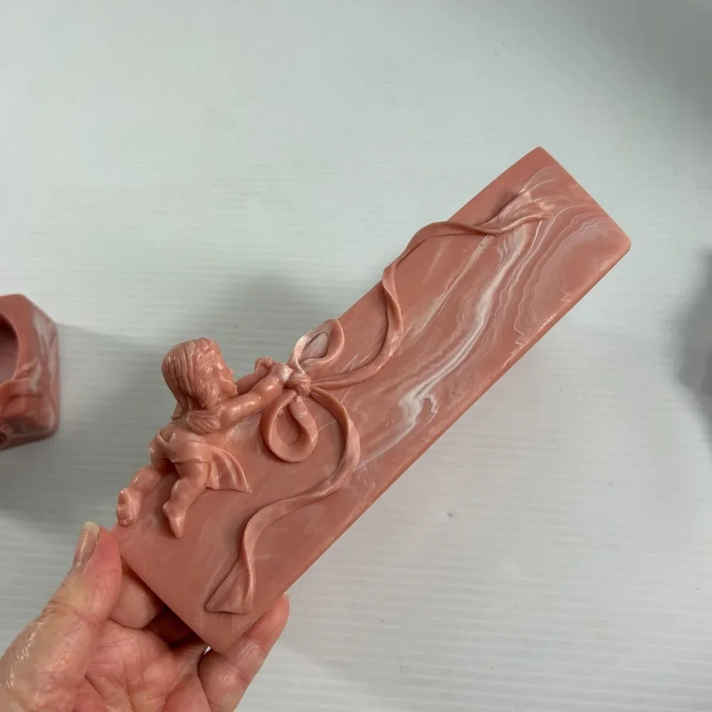 Vintage Hard Resin Rose Pink Cherub Angel Bathroom Set Towel Holder Soap Holder