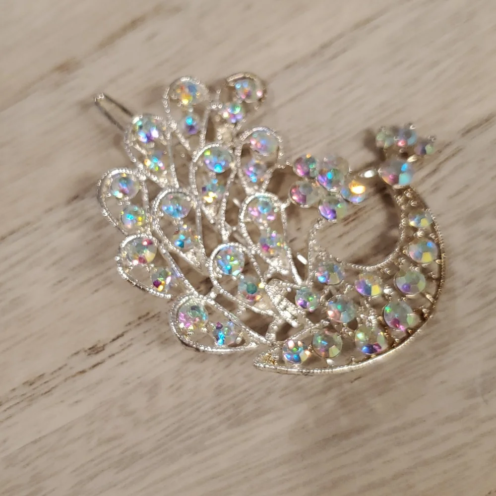 Peacock hair barrette gold tone Aurora Borealis rhinestones prom bridesmaid