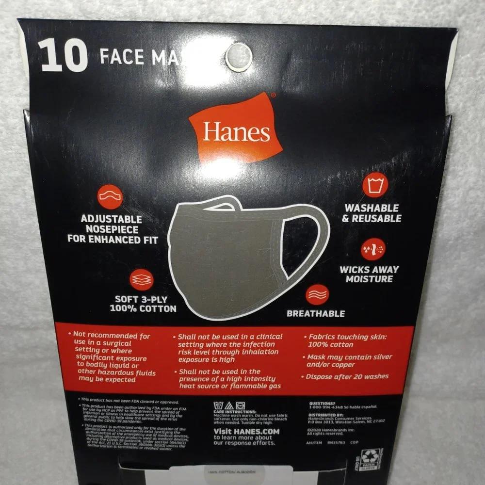 HANES 10PC WASHABLE & REUSABLE FACE MASKS