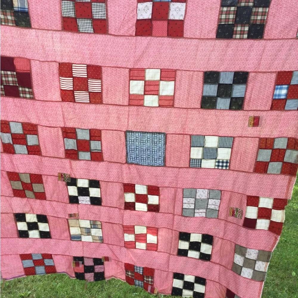 Vintage Quilt top handmade 9 Patch 92x155”