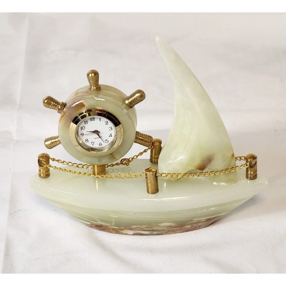 Decorative Collectible Ship Clock Desk Mentel Marble Onyx Handmade Imported NEW