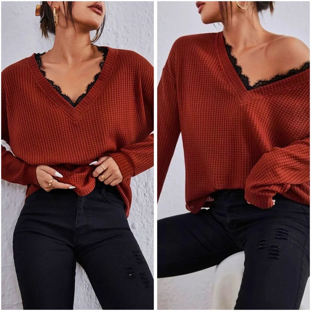 Eyelash Lace Trim V-Neck Waffle Top