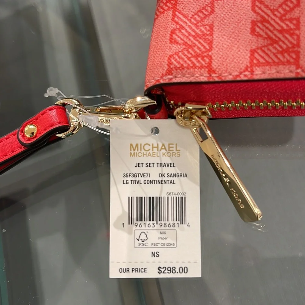 MICHAEL KORS Leather Continental Phone Holder Wristlet Wallet Dark Sungria NWT