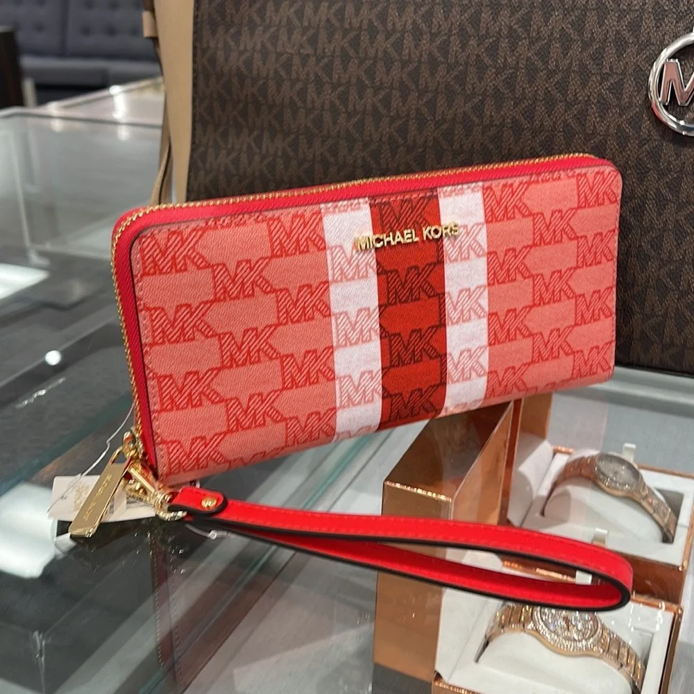 MICHAEL KORS Leather Continental Phone Holder Wristlet Wallet Dark Sungria NWT