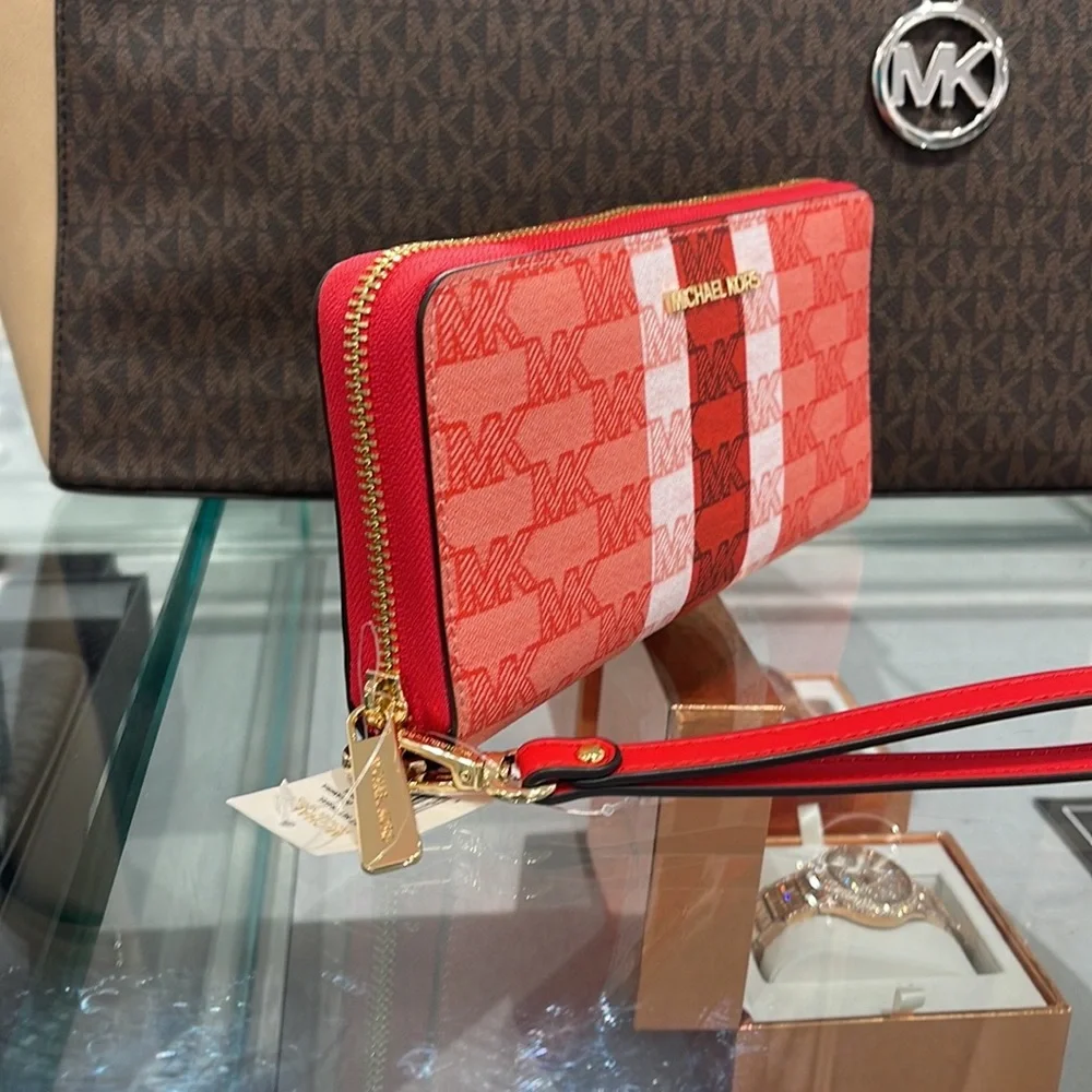 MICHAEL KORS Leather Continental Phone Holder Wristlet Wallet Dark Sungria NWT