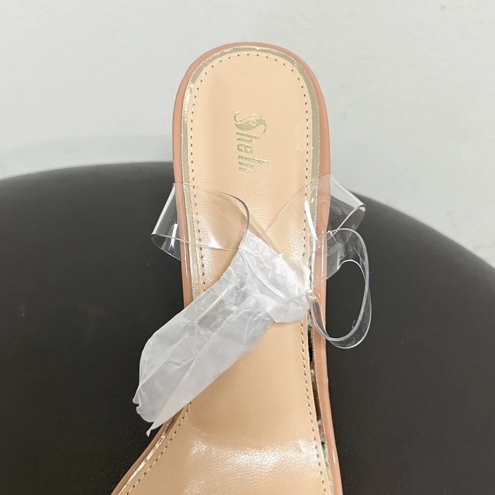 Shein Nude Beige Clear Chunky Block Heels Ankle Strap Buckle Open Toe 40 9 NIB