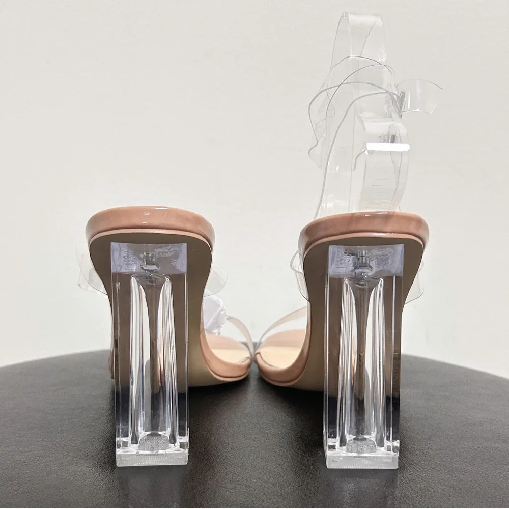 Shein Nude Beige Clear Chunky Block Heels Ankle Strap Buckle Open Toe 40 9 NIB