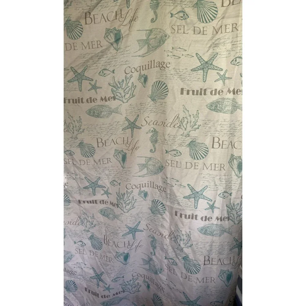 Shower Curtain & Hooks Beach Life Seaside Starfish Sea Shells Fabric Teal White