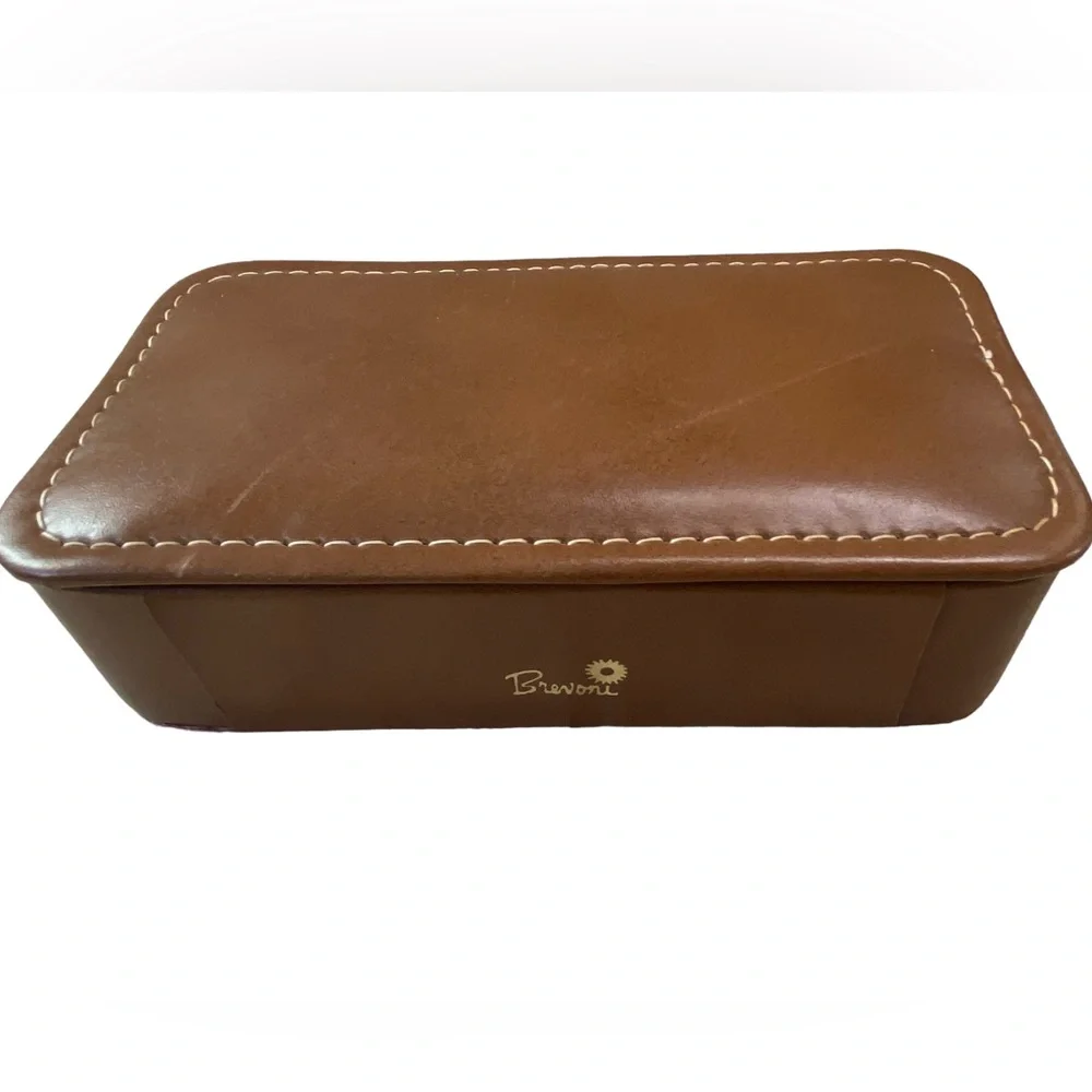 Vintage Leather Brown Brevoni Mid Century Men’s Cufflinks Tie Bars Jewelry Box
