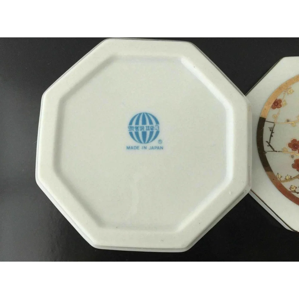 VTG Singing Bird Octagonal Trinket Jewelry Box Ceramic White Gold Red Japan