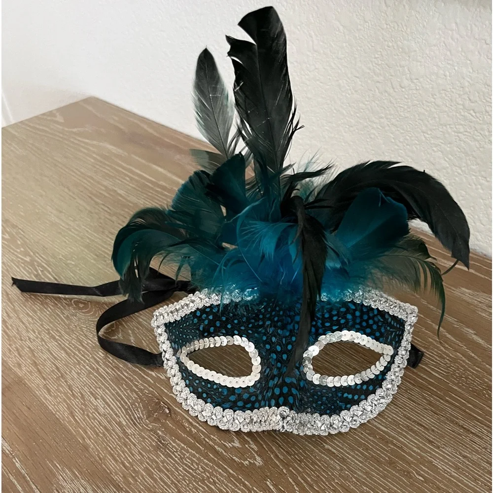 Decorative Masquerade Mask in blues and black and feathers