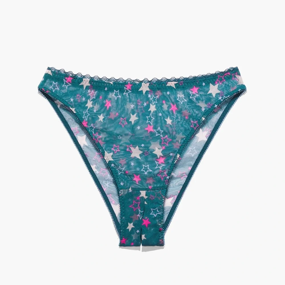 Savage X Fenty Hunter Green Stargazer Print Mesh Crotchless High-Leg Bikini