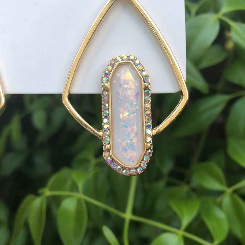Opal + Aurora Borealis Crystal Halo Boho Gold Geometric Dangle Earrings