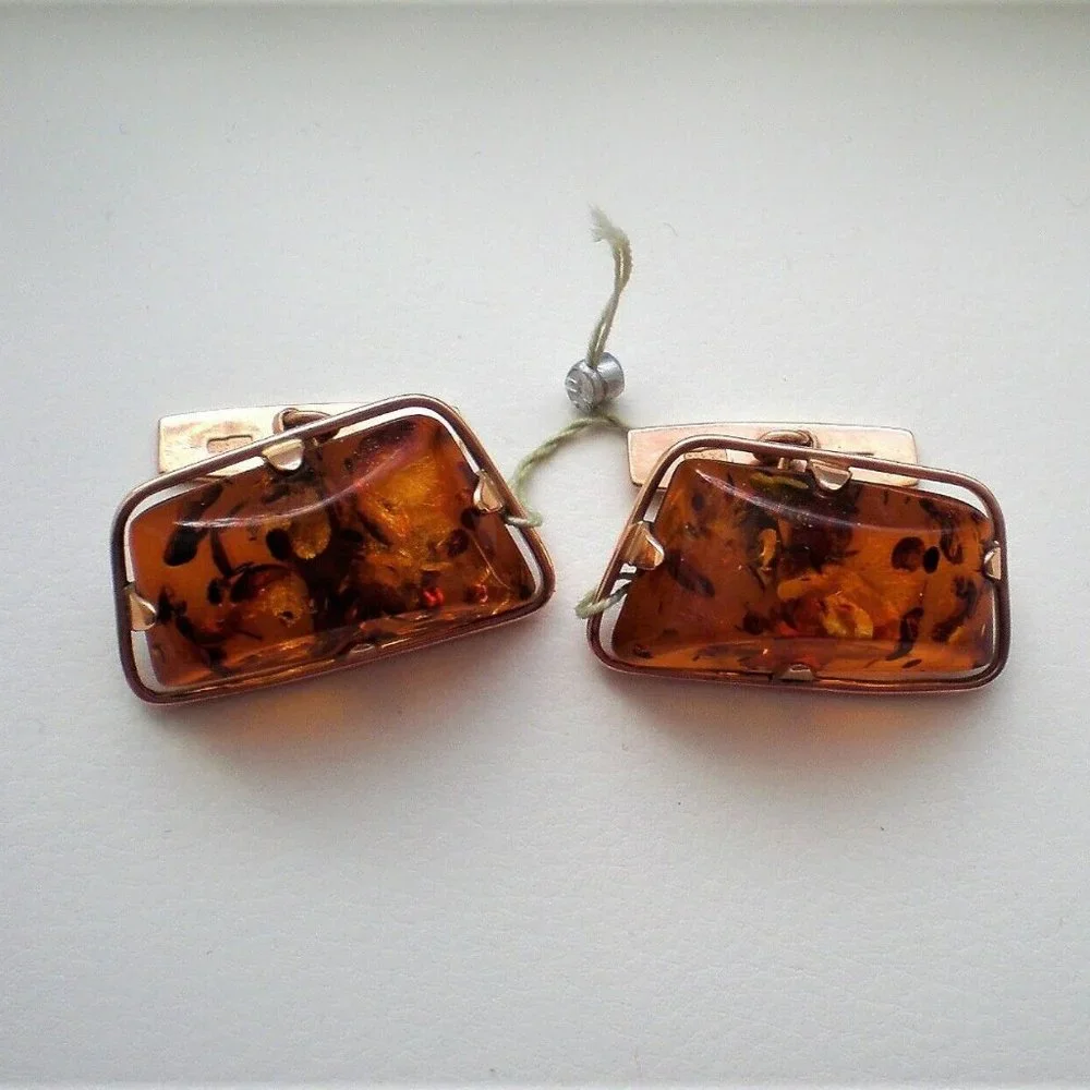 Vintage Russian Russia USSR NEW OLD STOCK 14K 583 Rose Pink Gold Amber Cufflinks