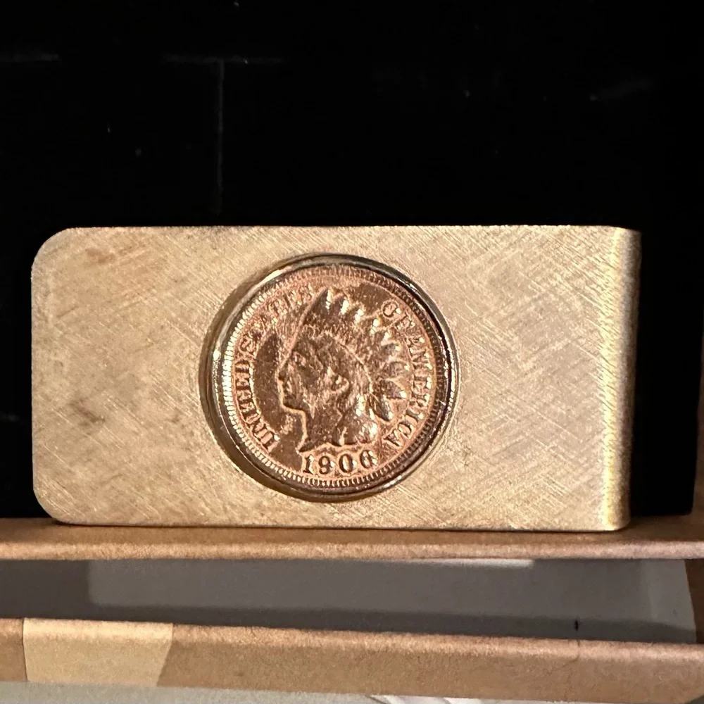 Simmons 1906 Indian Head One Cent Penny Money Clip vintage goldtone metal