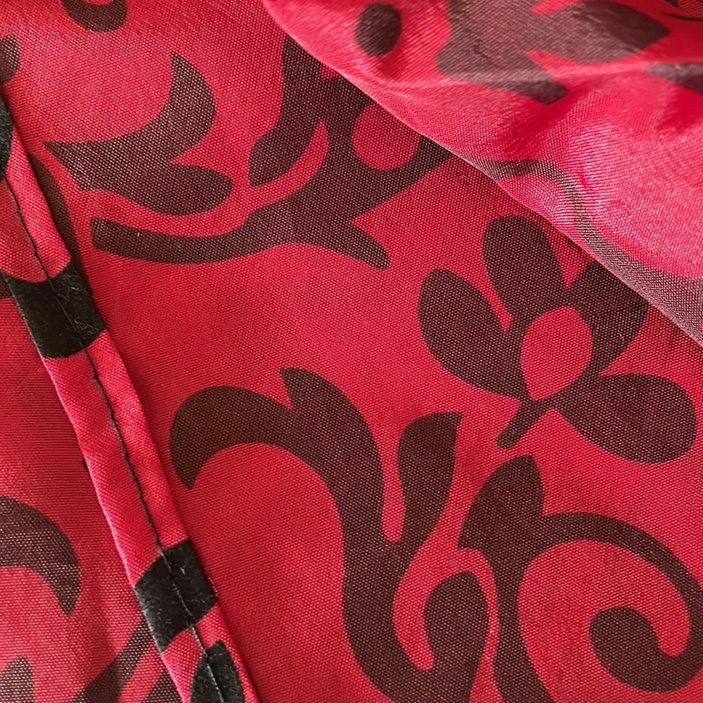 Red and black shower curtain .. clean and ready for a new home