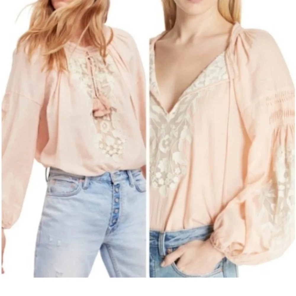 FREE PEOPLE Shimla Embroidered Semi-sheer Blouse Peach Boho Loose 100% Cotton
