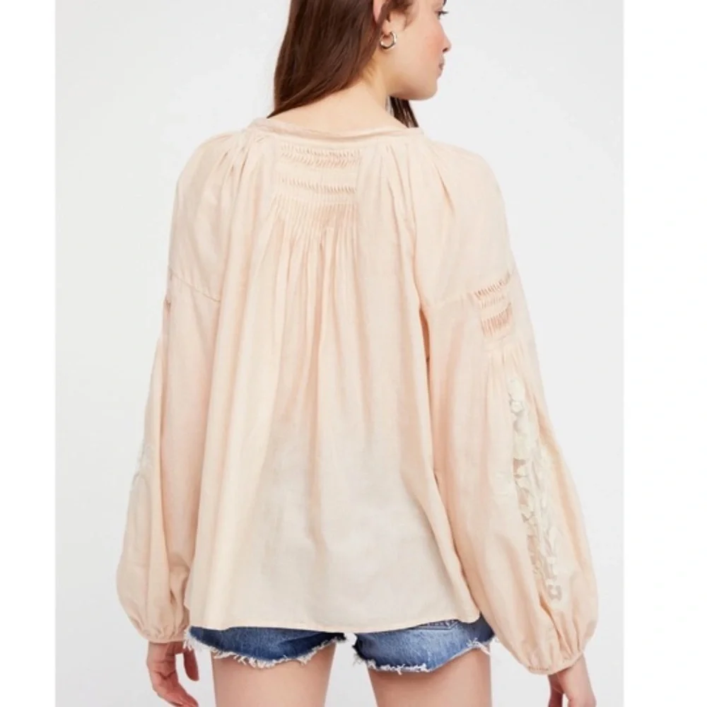 FREE PEOPLE Shimla Embroidered Semi-sheer Blouse Peach Boho Loose 100% Cotton