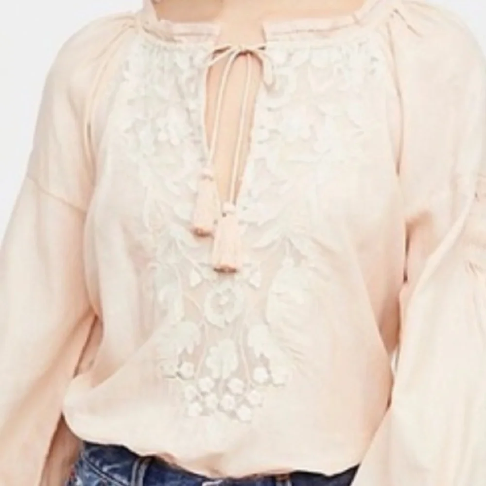 FREE PEOPLE Shimla Embroidered Semi-sheer Blouse Peach Boho Loose 100% Cotton