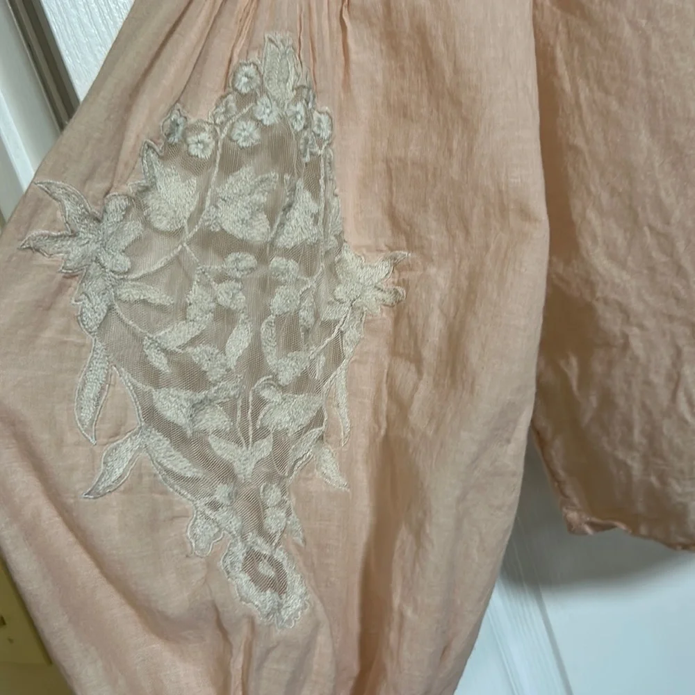 FREE PEOPLE Shimla Embroidered Semi-sheer Blouse Peach Boho Loose 100% Cotton