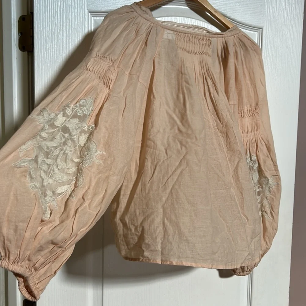 FREE PEOPLE Shimla Embroidered Semi-sheer Blouse Peach Boho Loose 100% Cotton