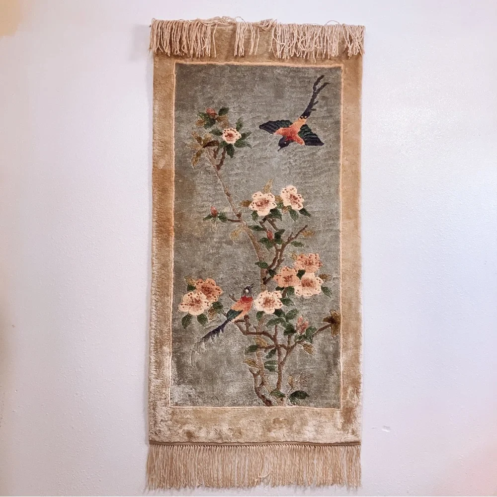 Chinoiserie Hand Knotted Silk Wall Hanging Rug Tapestry Apple Tree Blossoms Bird
